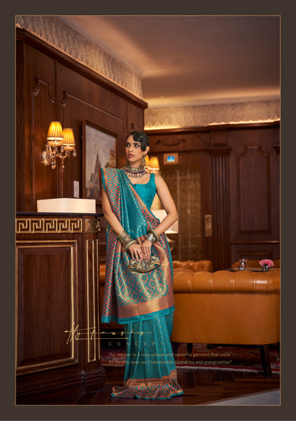 Teal Blue Banarasi Silk Saree with Designer Blouse for Women