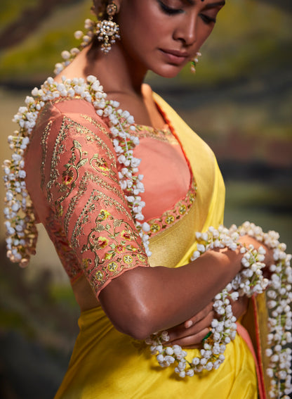 Sunshine Yellow Woven Banarasi Saree with Peach Blouse