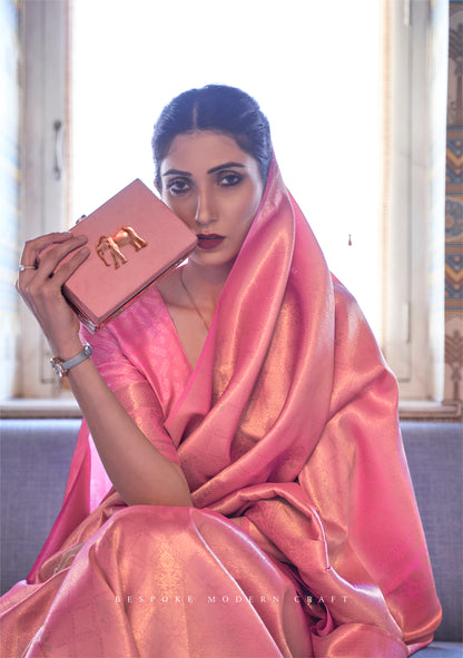 French Pink Kanjivaram Silk Saree with Antique Finish & Glossy