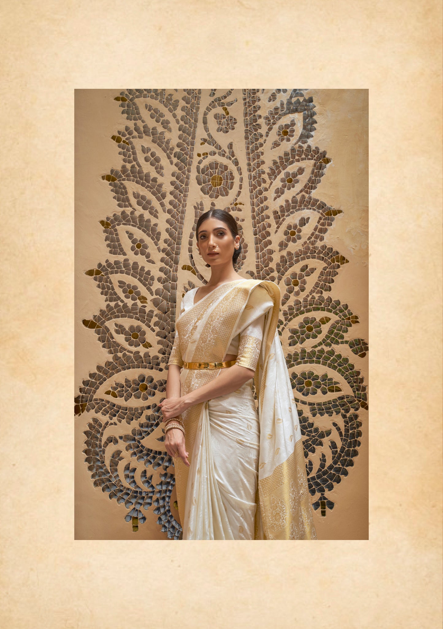 Pearl White Kasavu Style  Soft Kanjivaram Silk Saree with Blouse