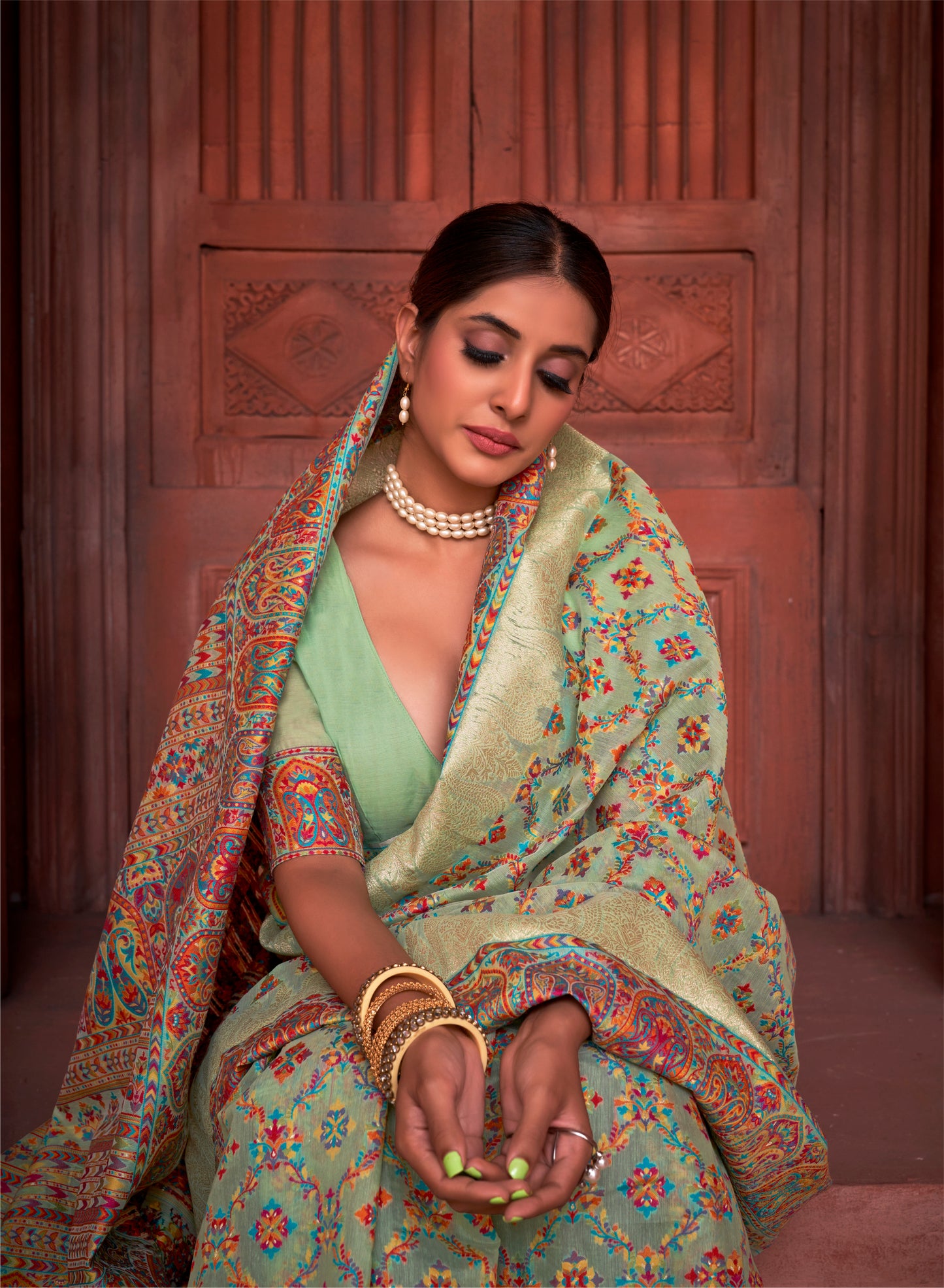 Mint Green Multi-color Kashmiri Pashmina Inspired Silk Saree For Wedding Reception