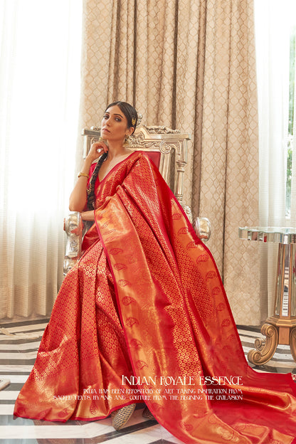 Bella Red Woven Brocade Kanjivaram Saree with Peacock Border