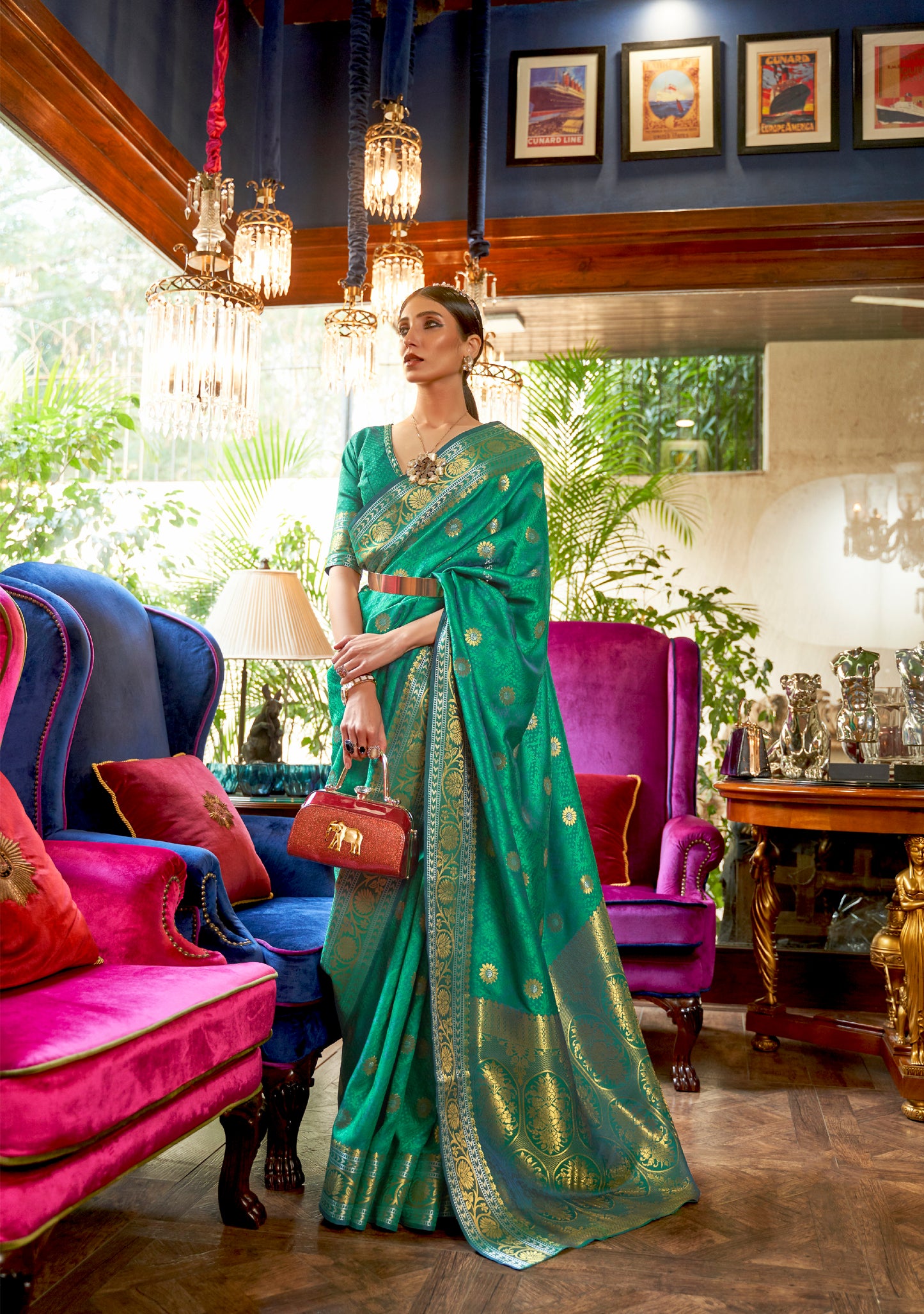 Emerald Green Soft Banarasi Silk Saree with Golden Zari Weaving