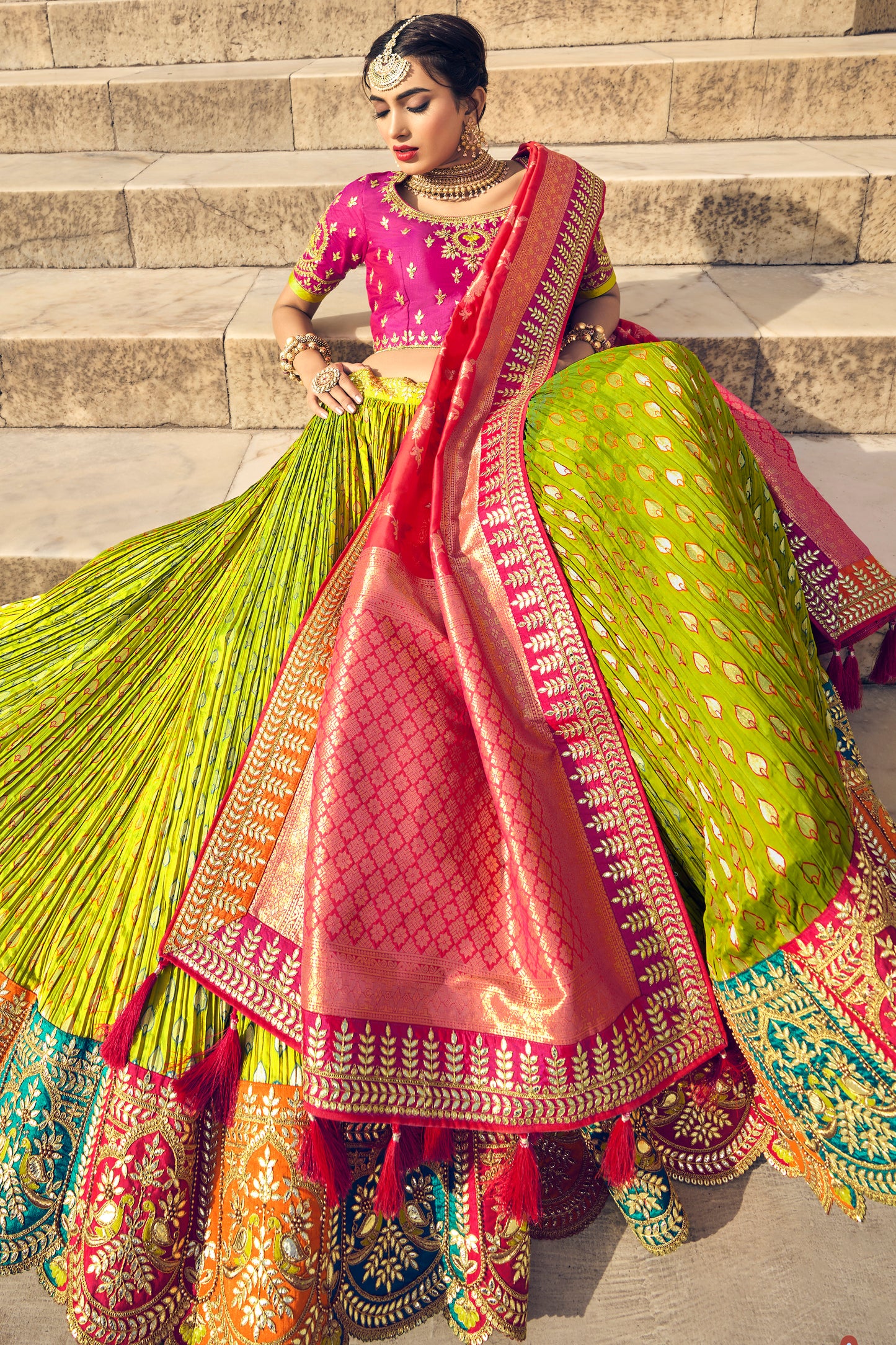 Crushed Silk Beautiful Green Lahenga Skirt with Pink Embellished Gotta Blouse