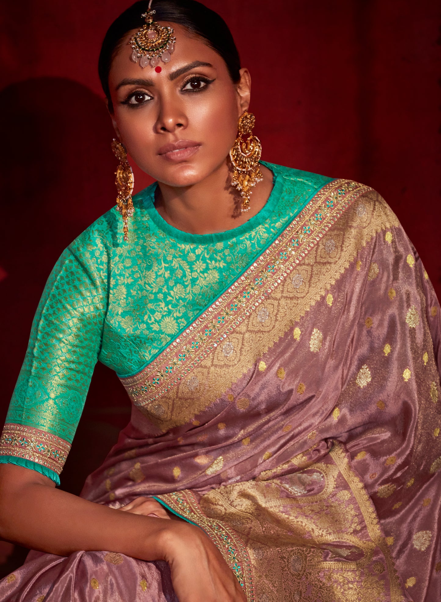 Mauve Purple Banarasi Ektara Silk Saree with Green Blouse