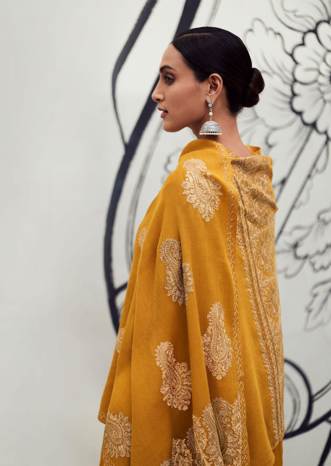 Mustard Yellow Pashmina Inspired Paisly Design One Color Suit Pant and Dupatta