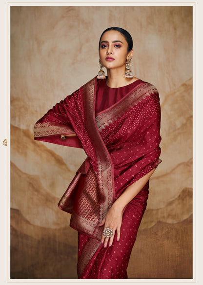 Maroon Red Pure Bandhej Saree with Hand Embroidered Border and Velvet Blouse