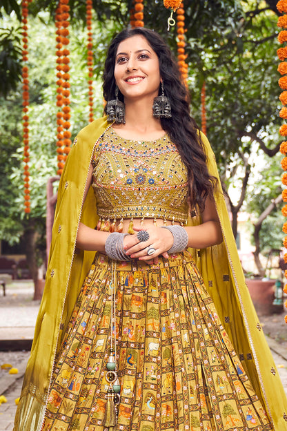 Golden Yellow Traditional Gajji Lahenga Choli with Designer Embroidered Mirror Embellished Blouse