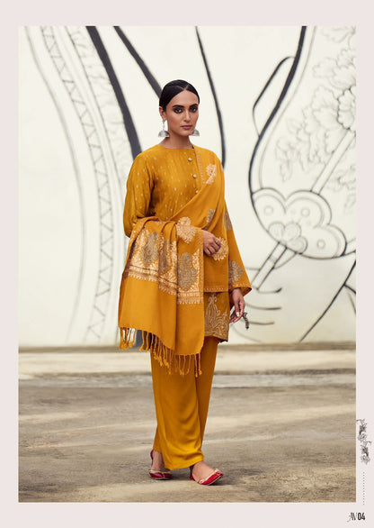 Mustard Yellow Pashmina Inspired Paisly Design One Color Suit Pant and Dupatta