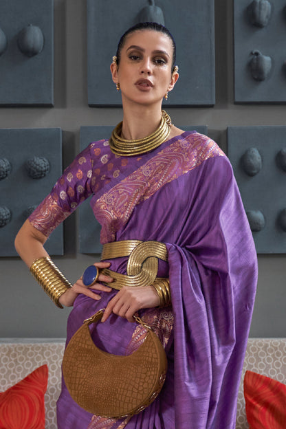 French Violet Latest Designer Tussar Silk Saree Blouse for Women