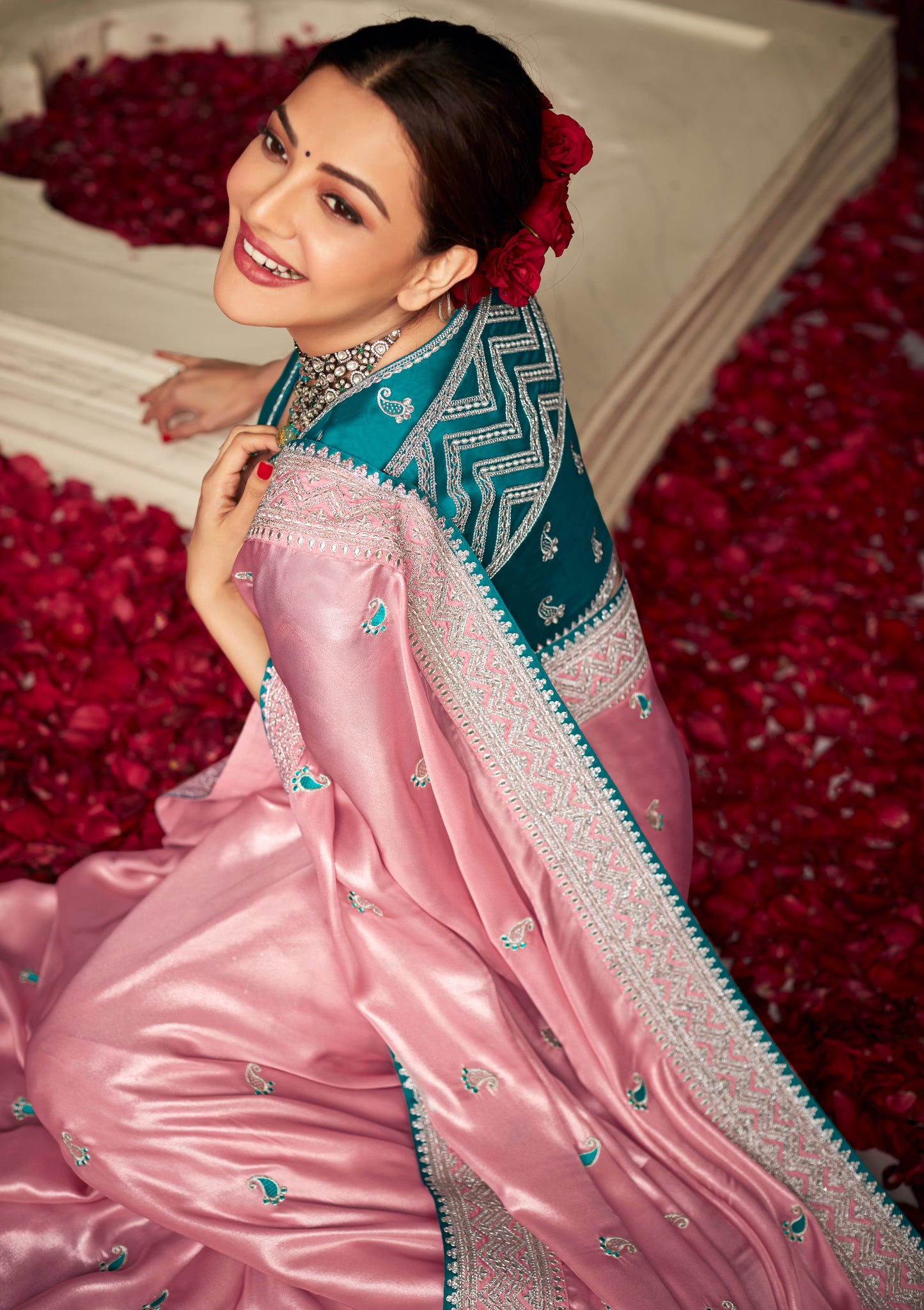 Pretty Pink Shimmer Organza Saree with Teal Banarasi Embroidered Blouse