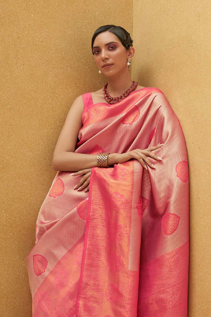 Strawberry Pink Latest Designer Kanjivaram Silk Saree with Antique Finish