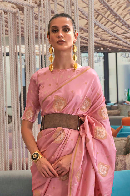 Medium Pink Pure Satin Silk Zari Woven Saree