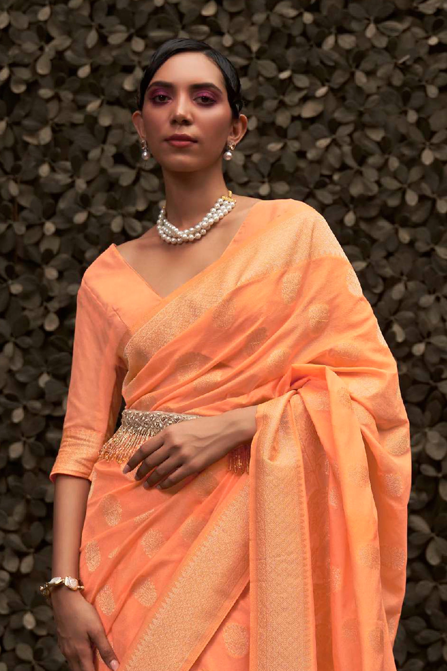 Tangerine Banarasi Woven Saree with Designer Pallu and Border