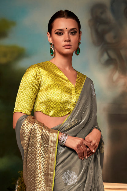 Ash Grey Feather Light Organza Saree with Designer Blouse