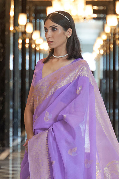 Lavender Purple Zari Woven Floral Pallu Linen Saree.