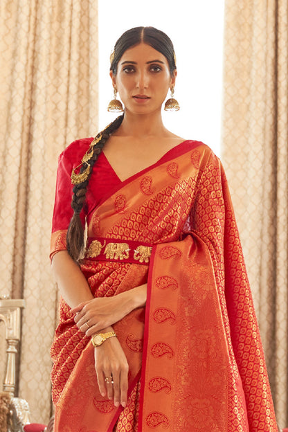 Bella Red Woven Brocade Kanjivaram Saree with Peacock Border