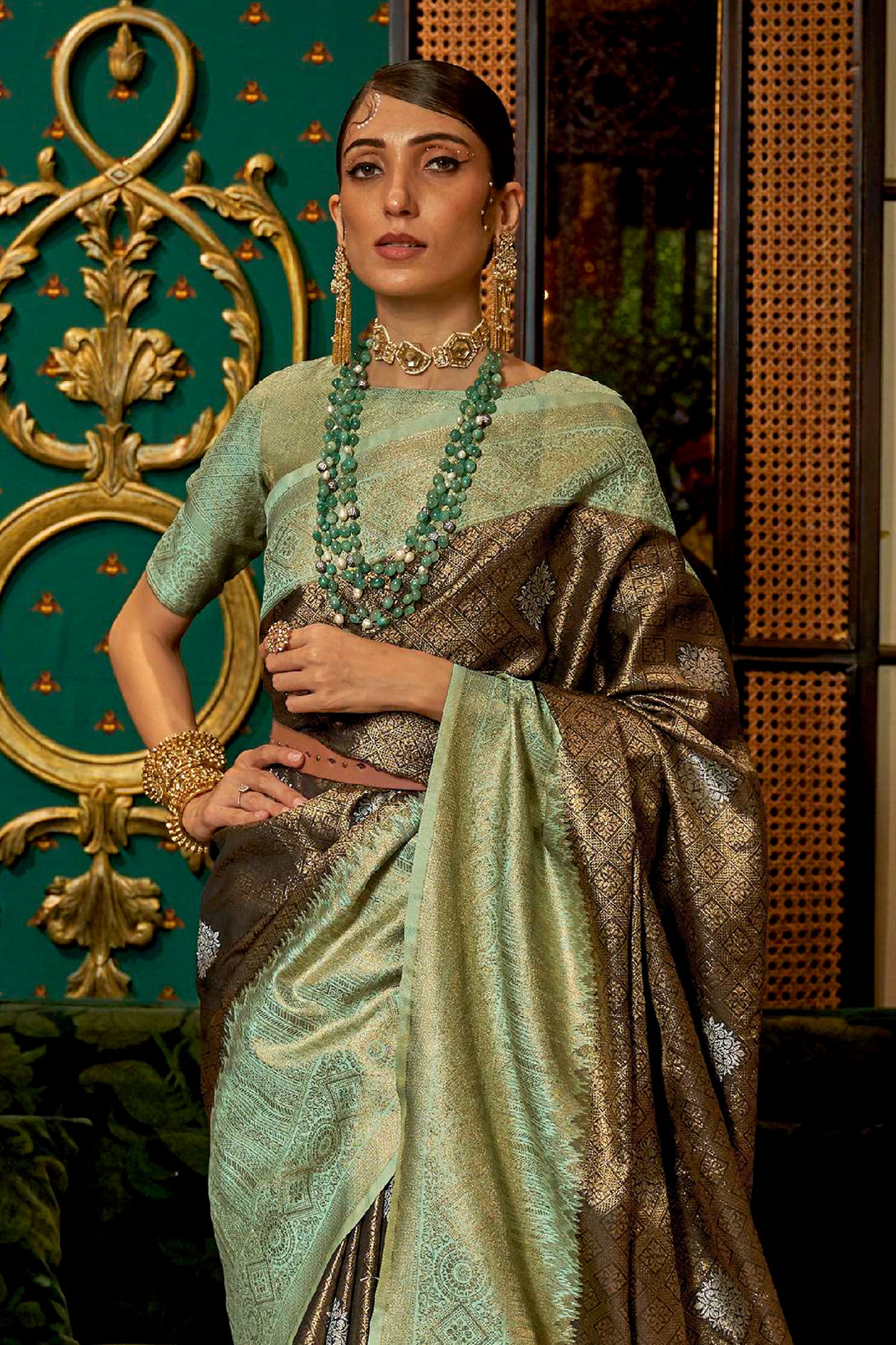 Copper Grey Shimmer Silk Kanjivaram Style Saree with Green Border