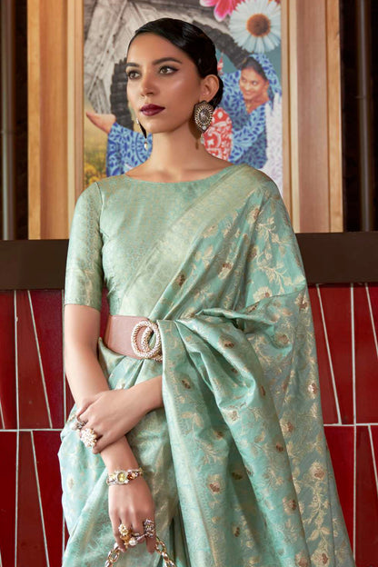 Dust Green Woven Banarasi Jungla Jaal Soft Silk Saree