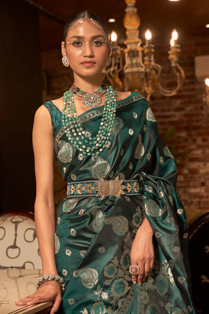 Bottle Green Kanjivaram Style Zari Woven Designer Saree