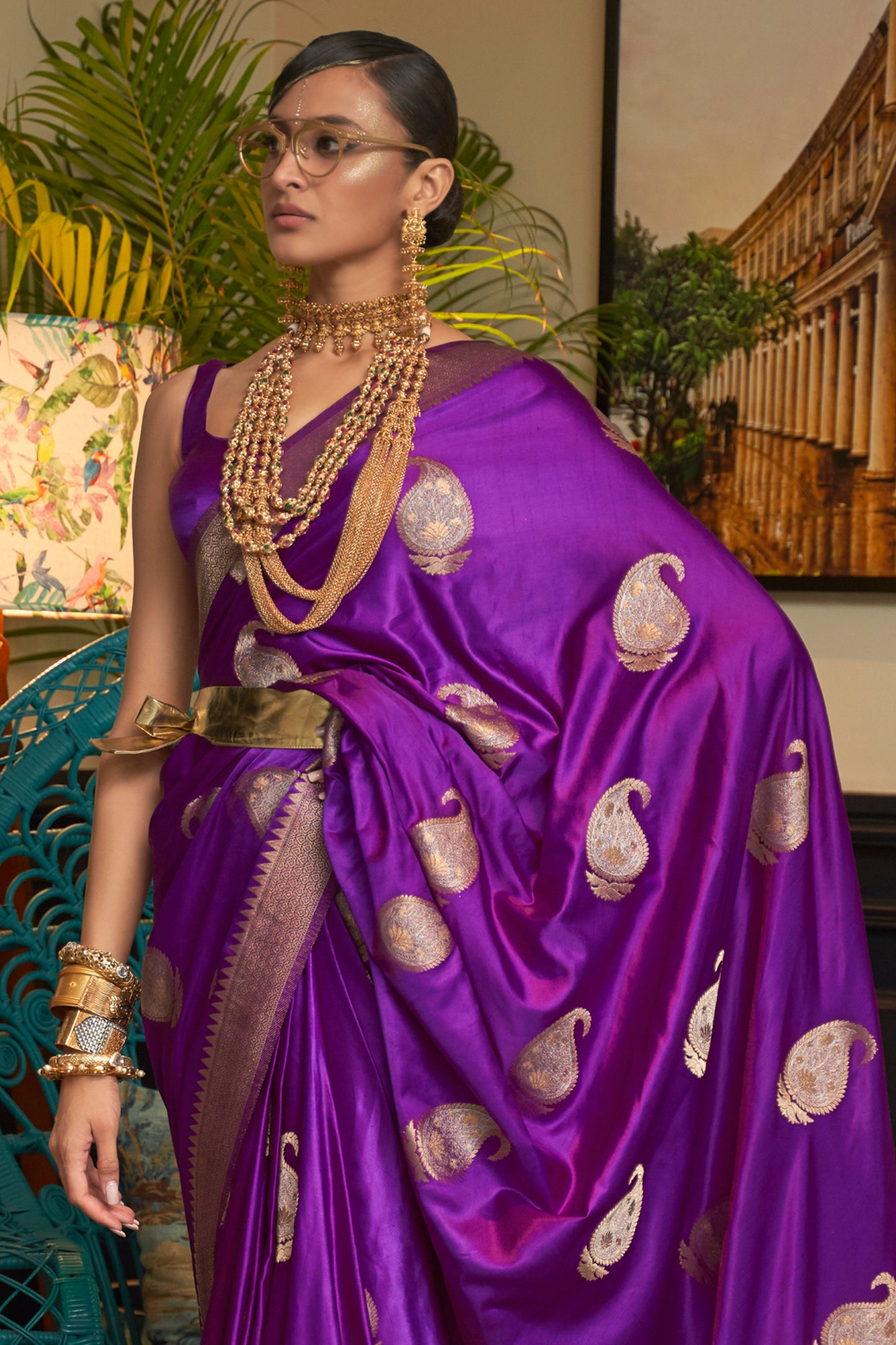 Purple Heart Pure Satin Two Tone Weaving Silk Saree For Wedding