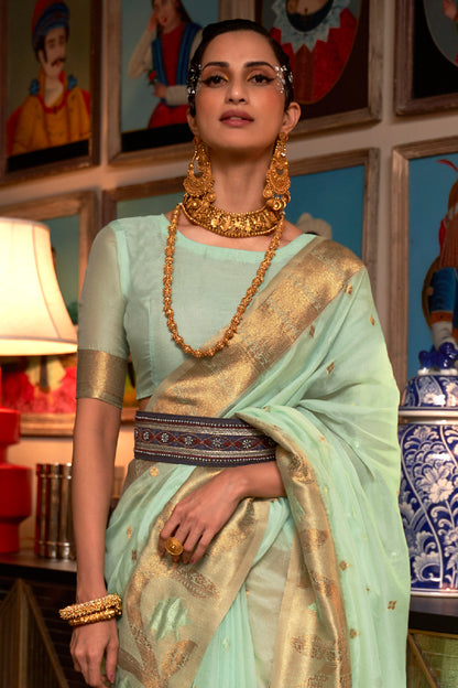 Light Mint Copper Zari Woven Designer Banarasi Organza Saree