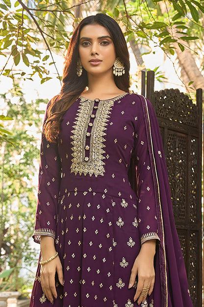 Dark Plum Embroidered Partywear Gown Suit with Dupatta