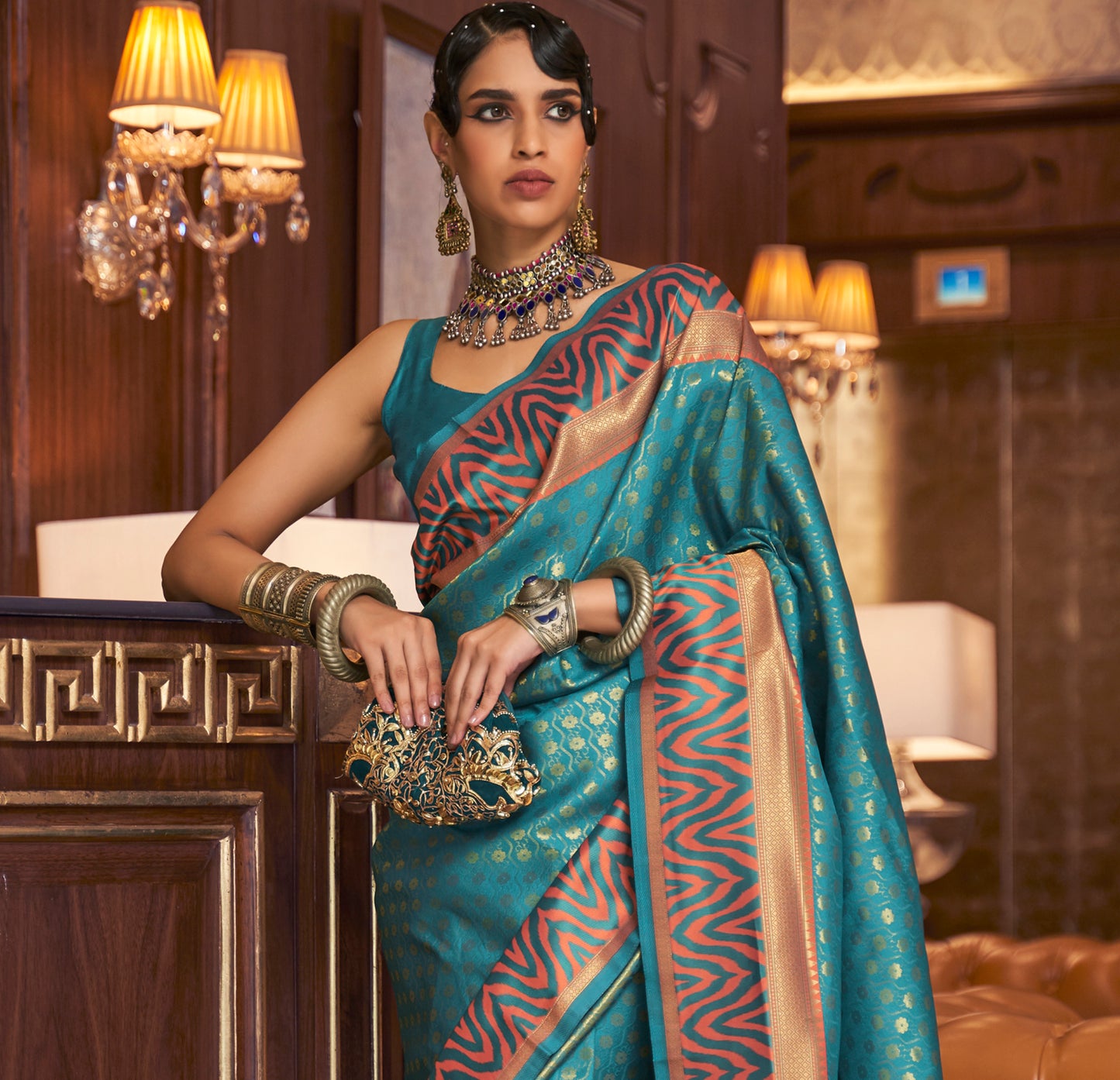 Teal Blue Banarasi Silk Saree with Designer Blouse for Women