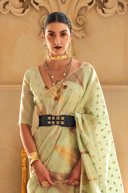 Pistachio Green Temple Bordered Designer Soft Tissue Saree for Weddings