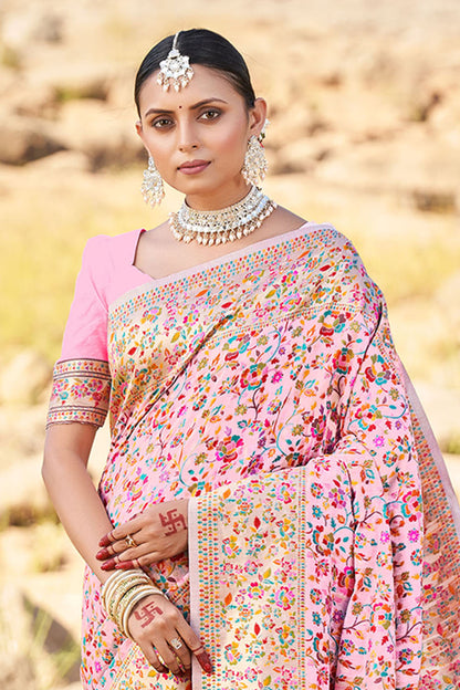 Blush Pink Woven Kashmiri Designer Saree with Intricate Zari Border and Pallu