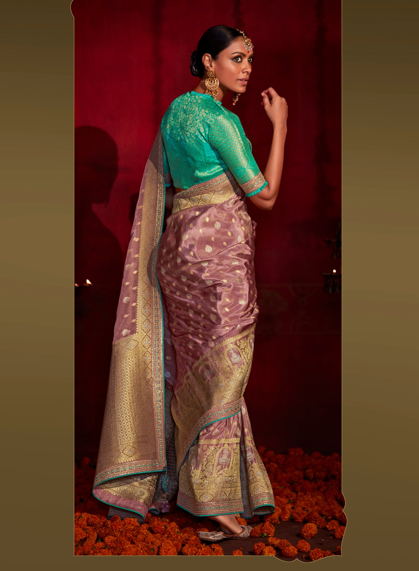 Mauve Purple Banarasi Ektara Silk Saree with Green Blouse