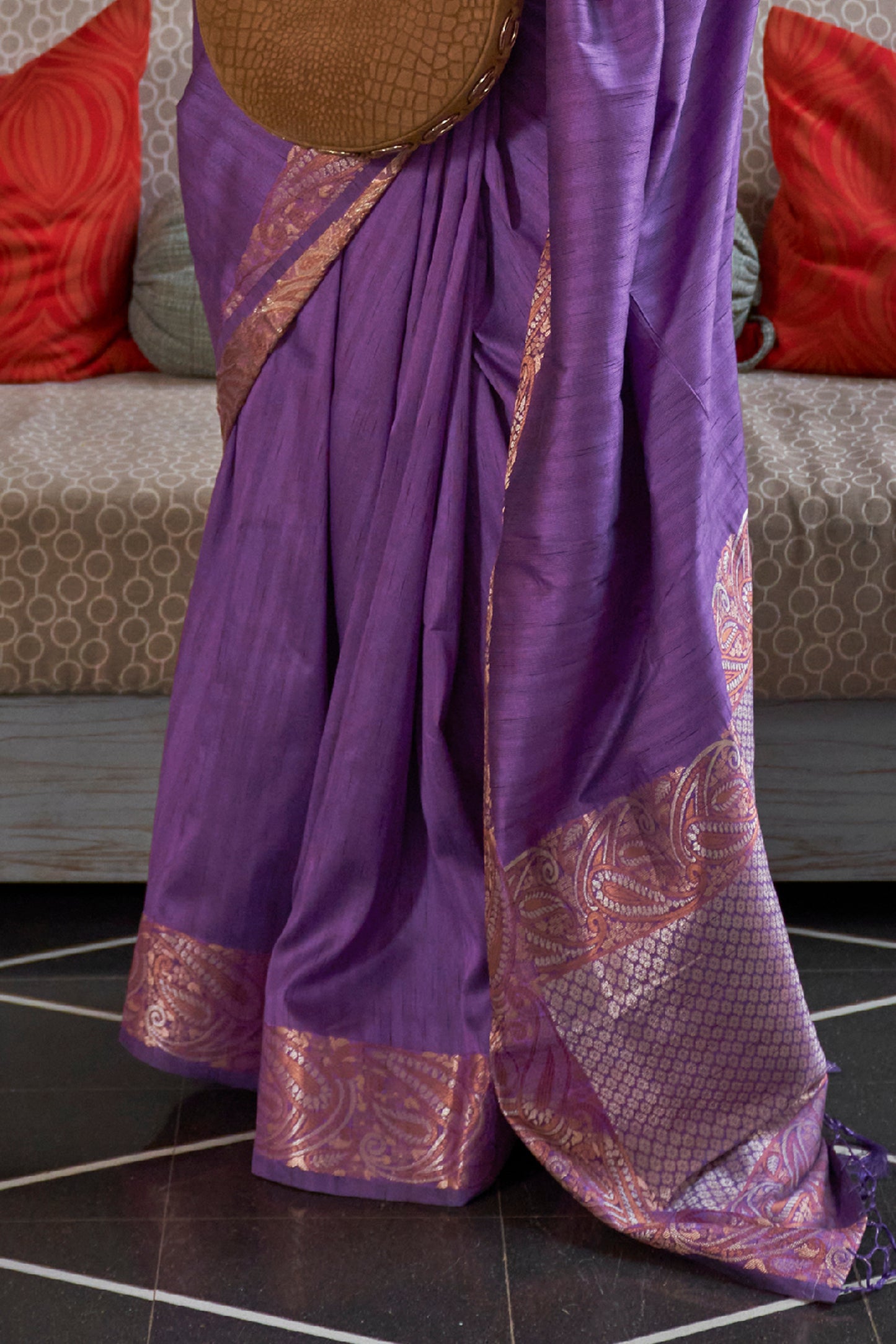 French Violet Latest Designer Tussar Silk Saree Blouse for Women