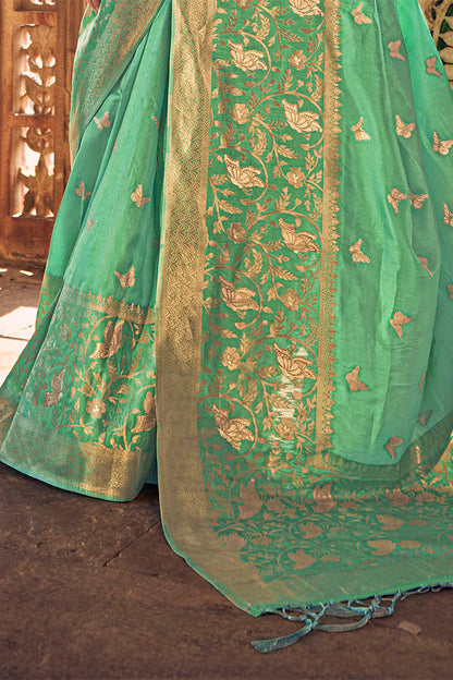 Pistachio Green Woven Banarasi Skirt Border Saree with Zari Weaving