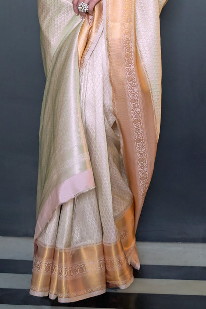 Ivory White Golden Kanjivaram Silk Saree with Antique Finish & Glossy Texture