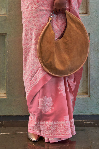 Rose Pink Lucknowi Chikenkari Threadwork Saree with Beautiful Blouse