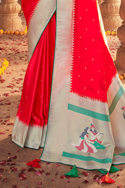 Bright Red Designer Paithani Saree with Unique Pallu