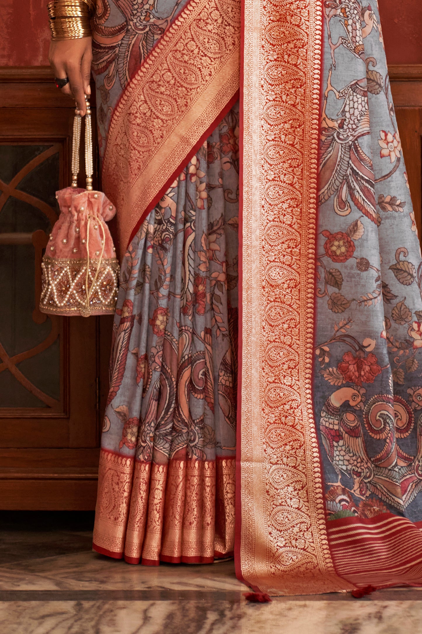 Cloud Grey Pen Kalamkari Printed Silk Saree with Woven Kanchi Pallu