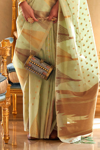 Pistachio Green Temple Bordered Designer Soft Tissue Saree for Weddings