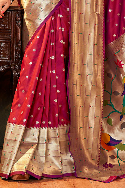 Berry Red Banarasi Paithani Saree with Parrot Pallu and Broad Zari Border