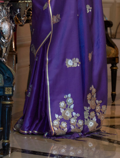 Blue PurplePure Satin Silk Handloom Weaving Saree