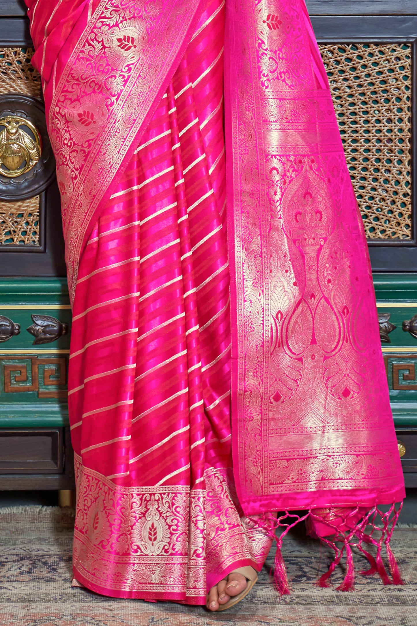 Hot Pink Laheriya Stripes Banarasi Silk Saree with Designer Blouse for Women