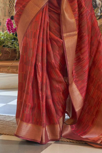 Rust Red Tussar Woven Designer Silk Saree for Weddings