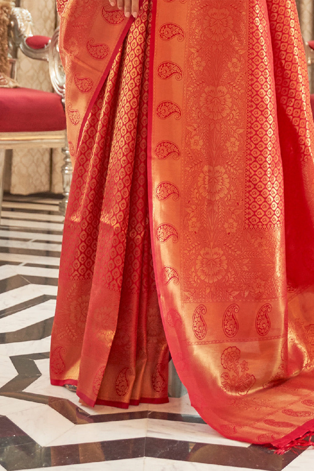 Bella Red Woven Brocade Kanjivaram Saree with Peacock Border