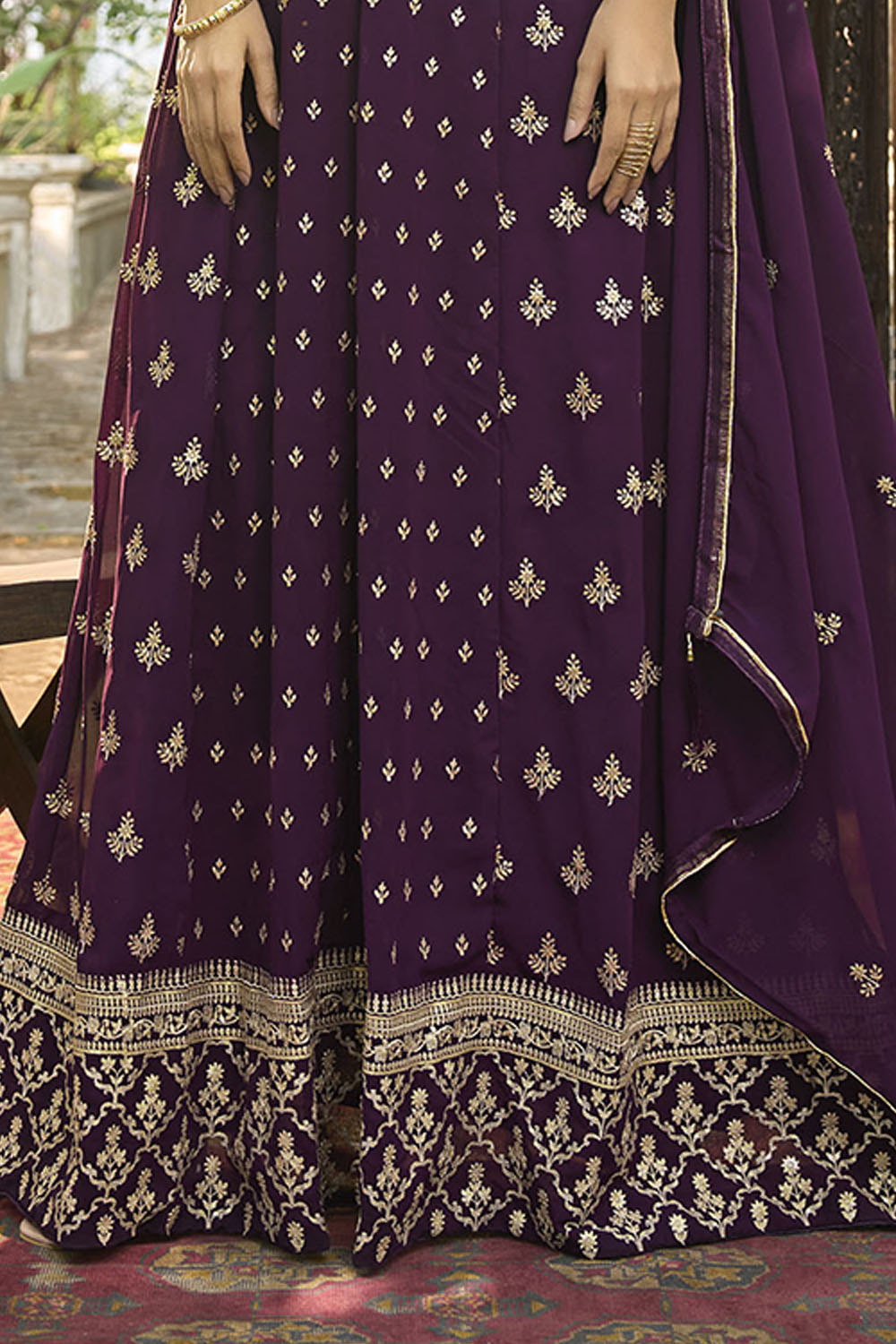 Dark Plum Embroidered Partywear Gown Suit with Dupatta