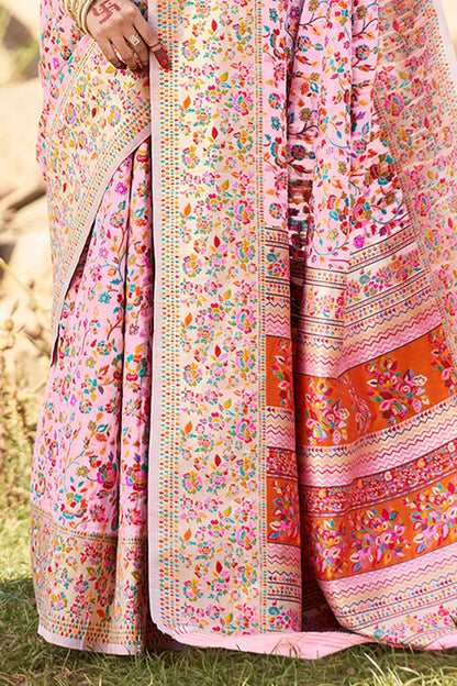 Blush Pink Woven Kashmiri Designer Saree with Intricate Zari Border and Pallu