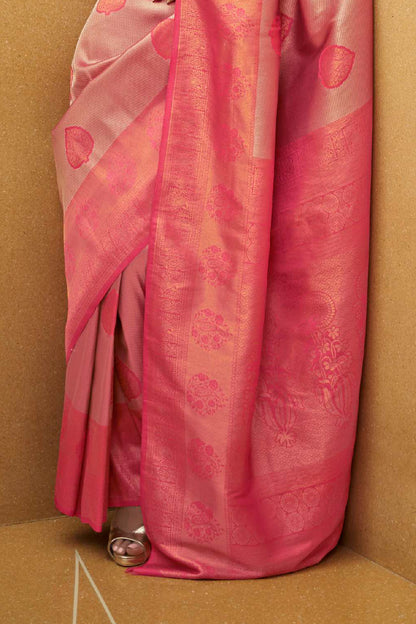 Strawberry Pink Latest Designer Kanjivaram Silk Saree with Antique Finish