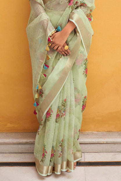 Light Green Floral Organza Water Sequin Embellished Saree