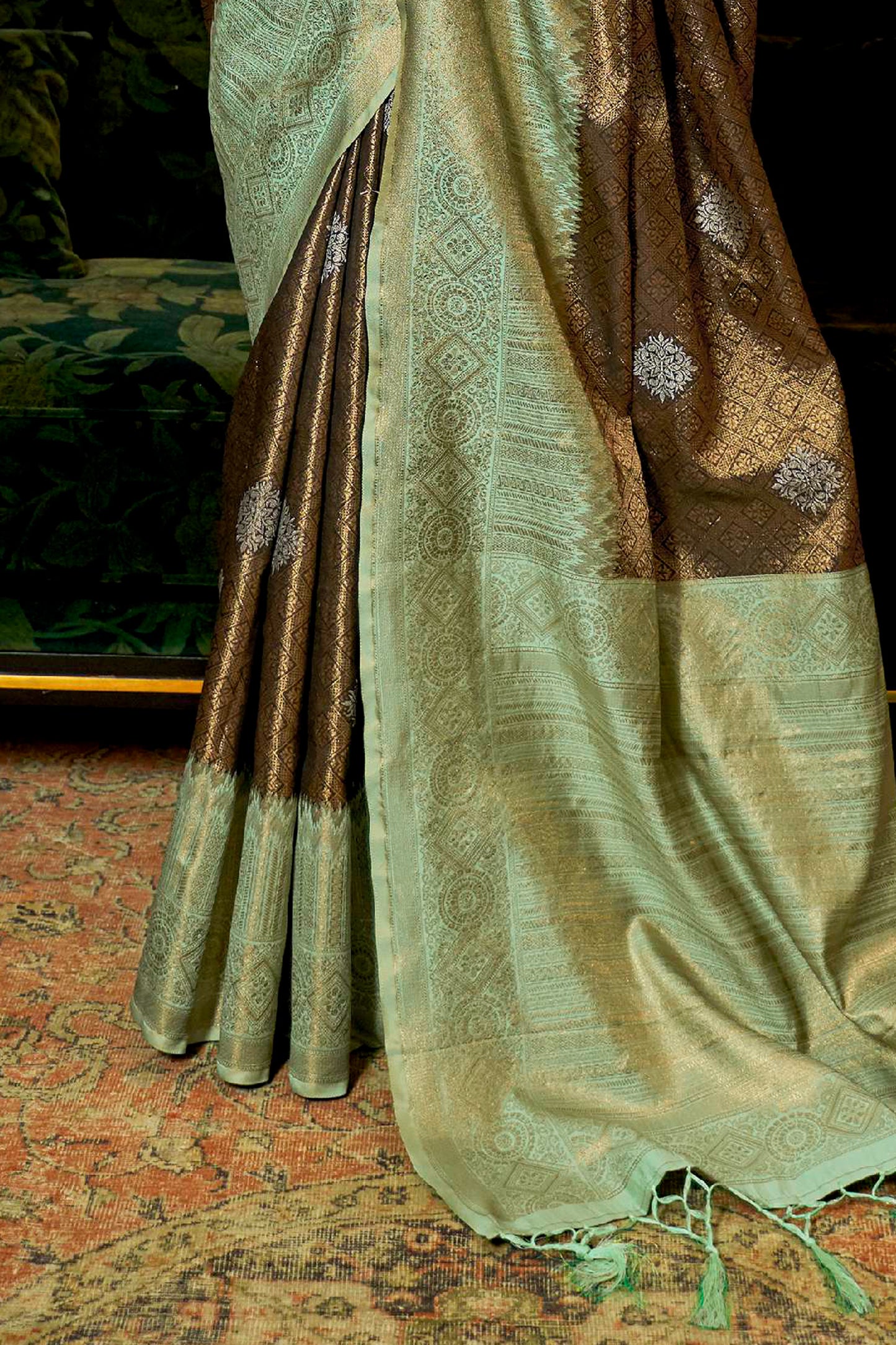Copper Grey Shimmer Silk Kanjivaram Style Saree with Green Border