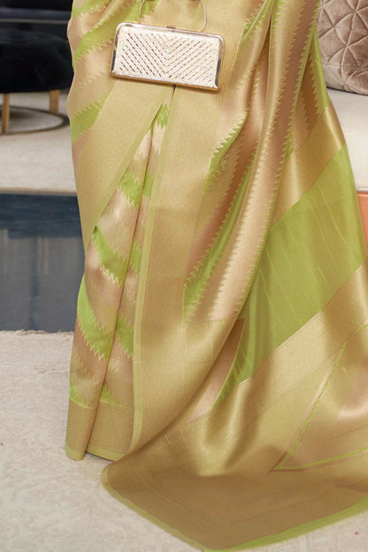 Green Golden Soft Banarasi Organza Silk Saree with Blouse