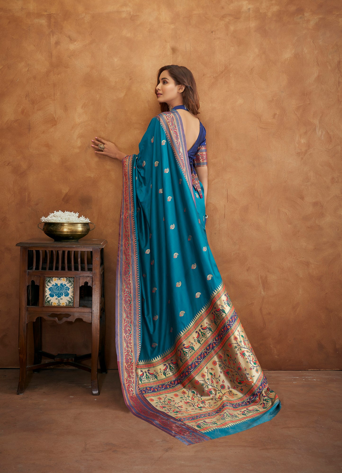 Ocean Blue Woven Paithani Soft Silk Saree for Weddings